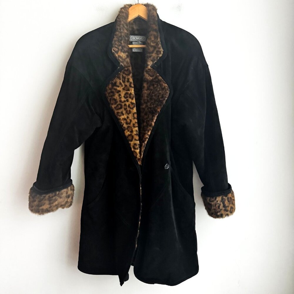 Vintage Novelti Black Suede Animal Print Faux Fur Lined Winter Coat M